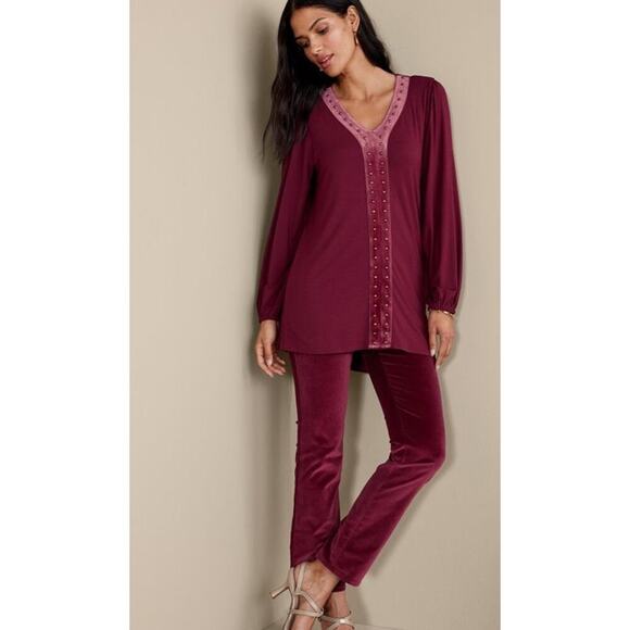 SOFT SURROUNDINGS Adornment Tunic Medium Red With Velvet Neckline Embellished - Picture 1 of 8